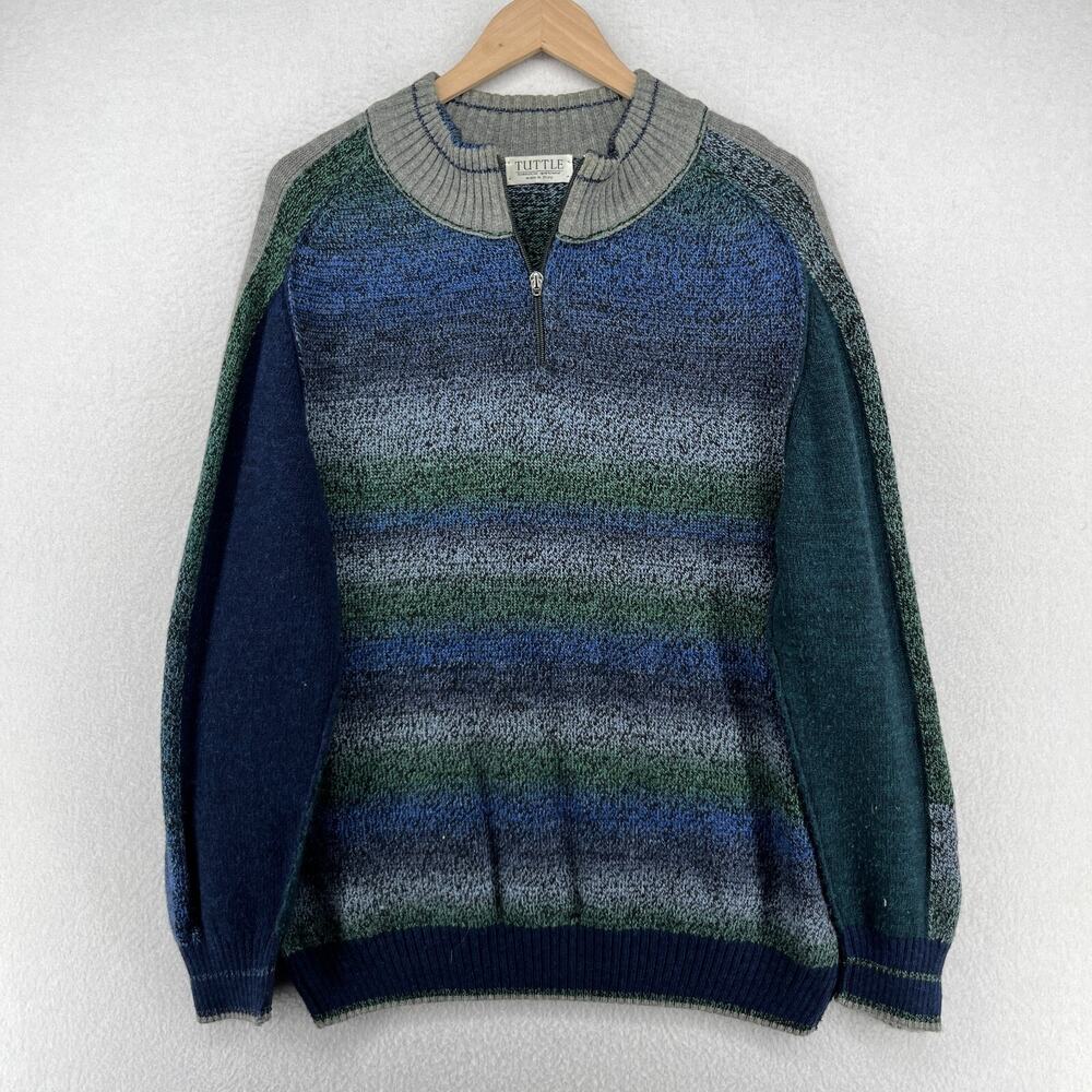 TUTTLE Sweater Mens L Ombre Striped Golf 1/4 Zip Pullover Jumper Blue Italy Vtg